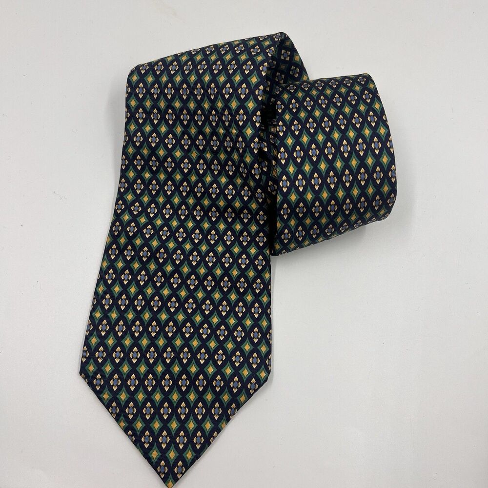 Windsor 100% Silk Tie Geometric Pattern Navy Green Yellow Made In Italy